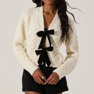 ASTR The Label Cream Cardigan with Black Velvet Ribbon Ties